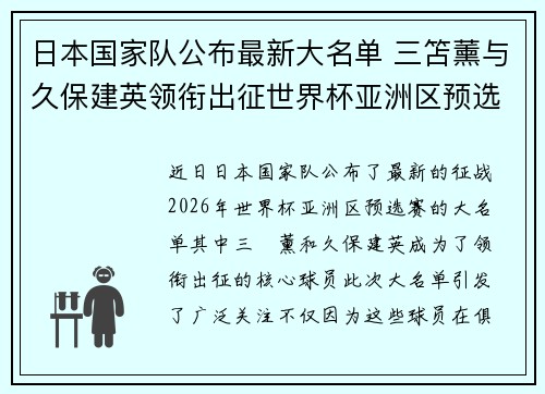 日本国家队公布最新大名单 三笘薰与久保建英领衔出征世界杯亚洲区预选赛 日本国家队公布最新大名单 三笘薰与久保建英领衔出征世界杯亚洲区预选赛